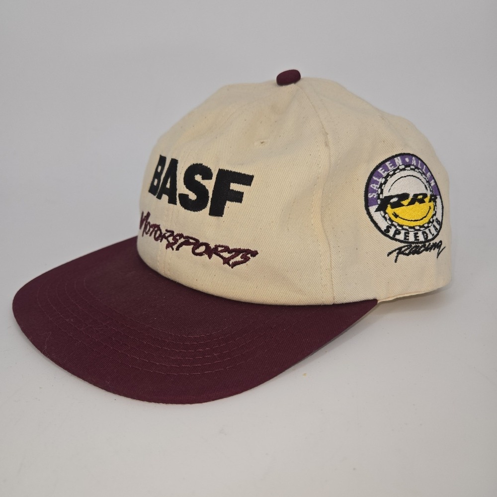 BASF Motorsports Vintage Snapback Hat Salem Allen Speedway 90s Tan Maroon Beige